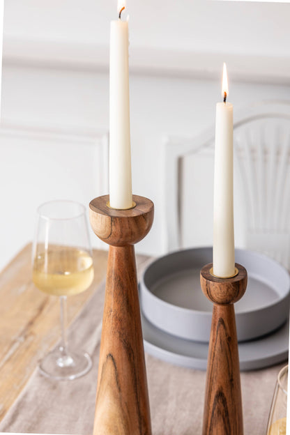 Modern Acacia Wood Tall Candle Holders - Set of 2
