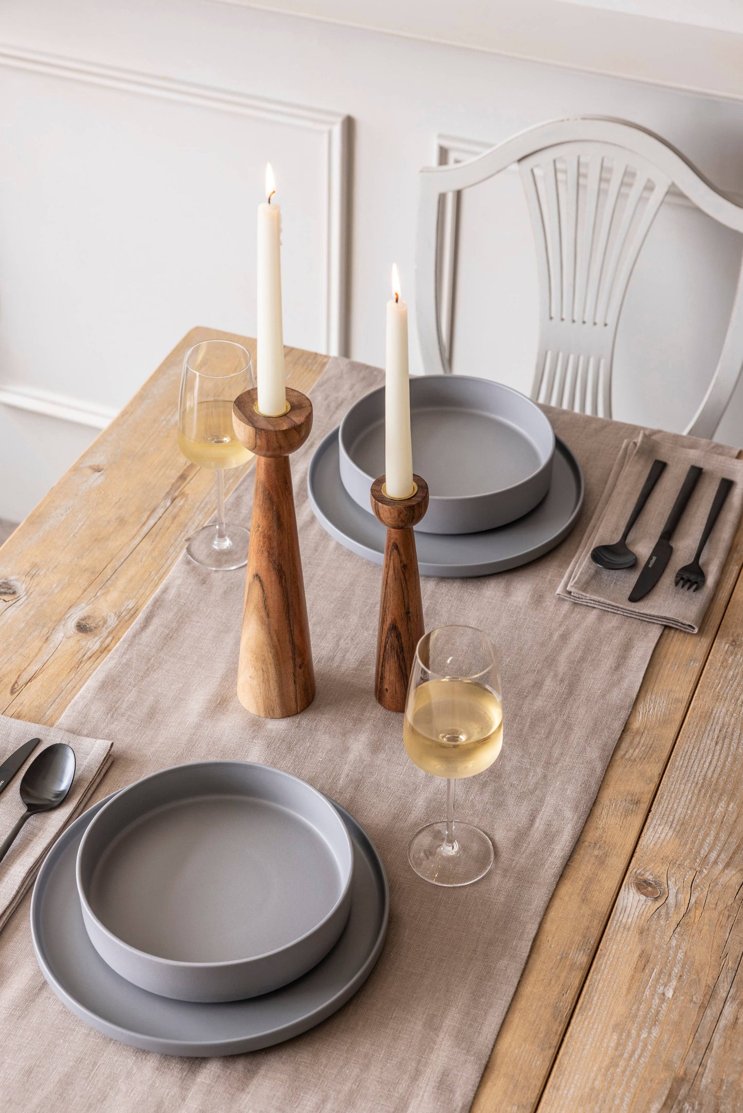 Modern Acacia Wood Tall Candle Holders - Set of 2