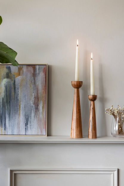 Modern Acacia Wood Tall Candle Holders - Set of 2