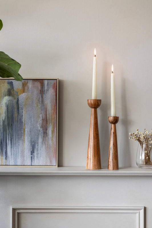 Modern Acacia Wood Tall Candle Holders - Set of 2